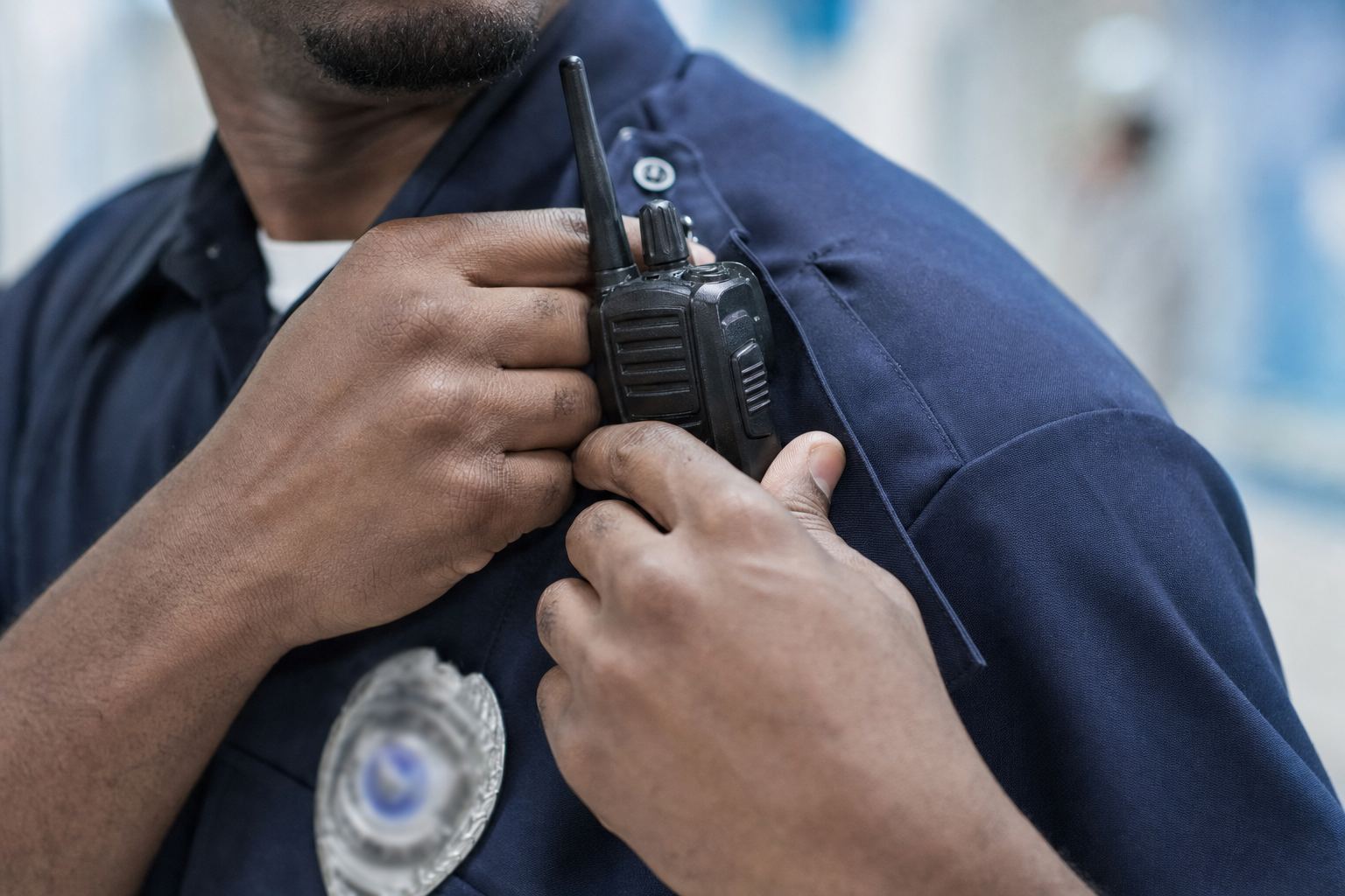 Detalle de uniforme de seguridad hospitalaria