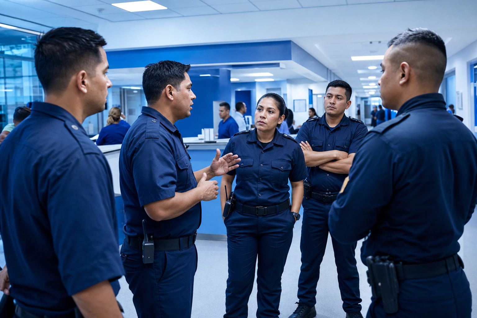 Equipo de seguridad hospitalaria en briefing